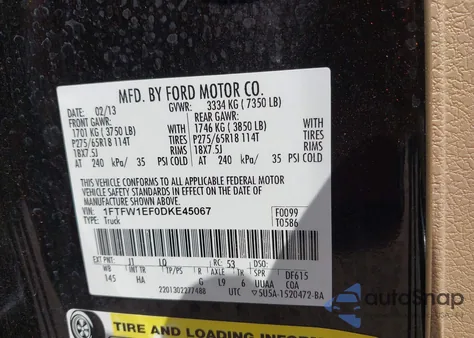 2013 Ford F-150 Lariat z USA, uszkodzony, nr VIN 1FTFW1EF0DKE45067